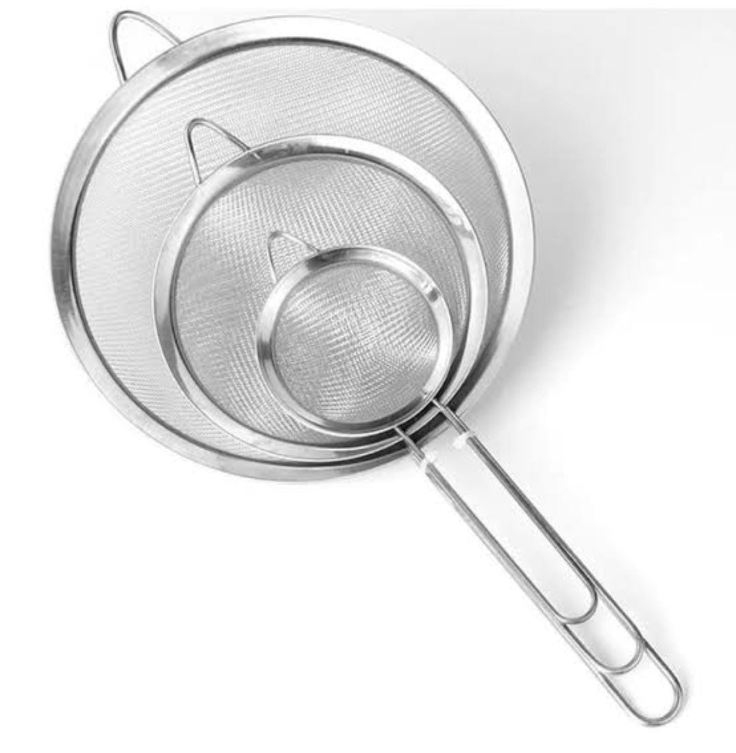 Metallic tea sieve 3 pcs.Stainless steel strainers are packaged 3 pieces and sizes in one.Premium quality stainless steel strainers & sieve with durable double thick, non-heat warping.