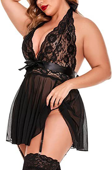 Women's Sexy Lingerie Large Size Sexy See-through Suspender Lace Nightdress Set