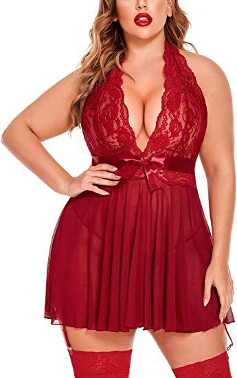 Women's Sexy Lingerie Large Size Sexy See-through Suspender Lace Nightdress Set