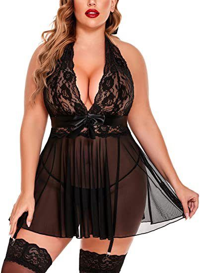 Women's Sexy Lingerie Large Size Sexy See-through Suspender Lace Nightdress Set