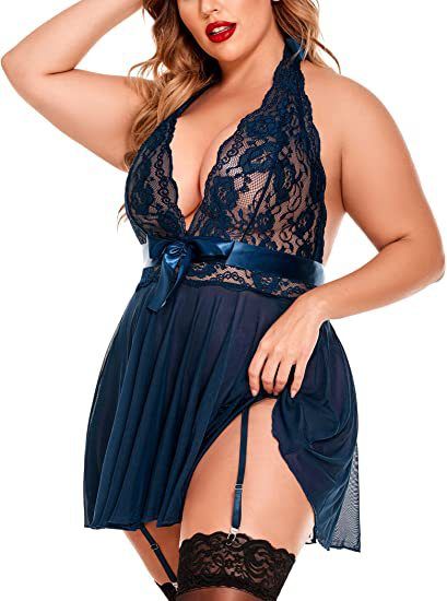 Women's Sexy Lingerie Large Size Sexy See-through Suspender Lace Nightdress Set