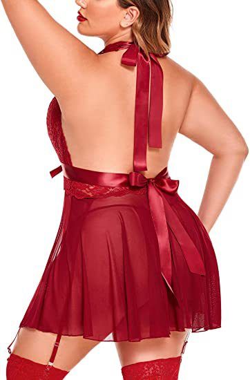 Women's Sexy Lingerie Large Size Sexy See-through Suspender Lace Nightdress Set