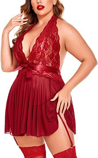 Women's Sexy Lingerie Large Size Sexy See-through Suspender Lace Nightdress Set