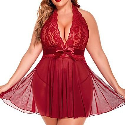Women's Sexy Lingerie Large Size Sexy See-through Suspender Lace Nightdress Set