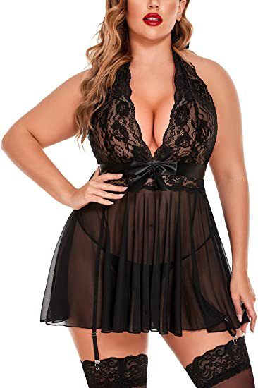 Women's Sexy Lingerie Large Size Sexy See-through Suspender Lace Nightdress Set