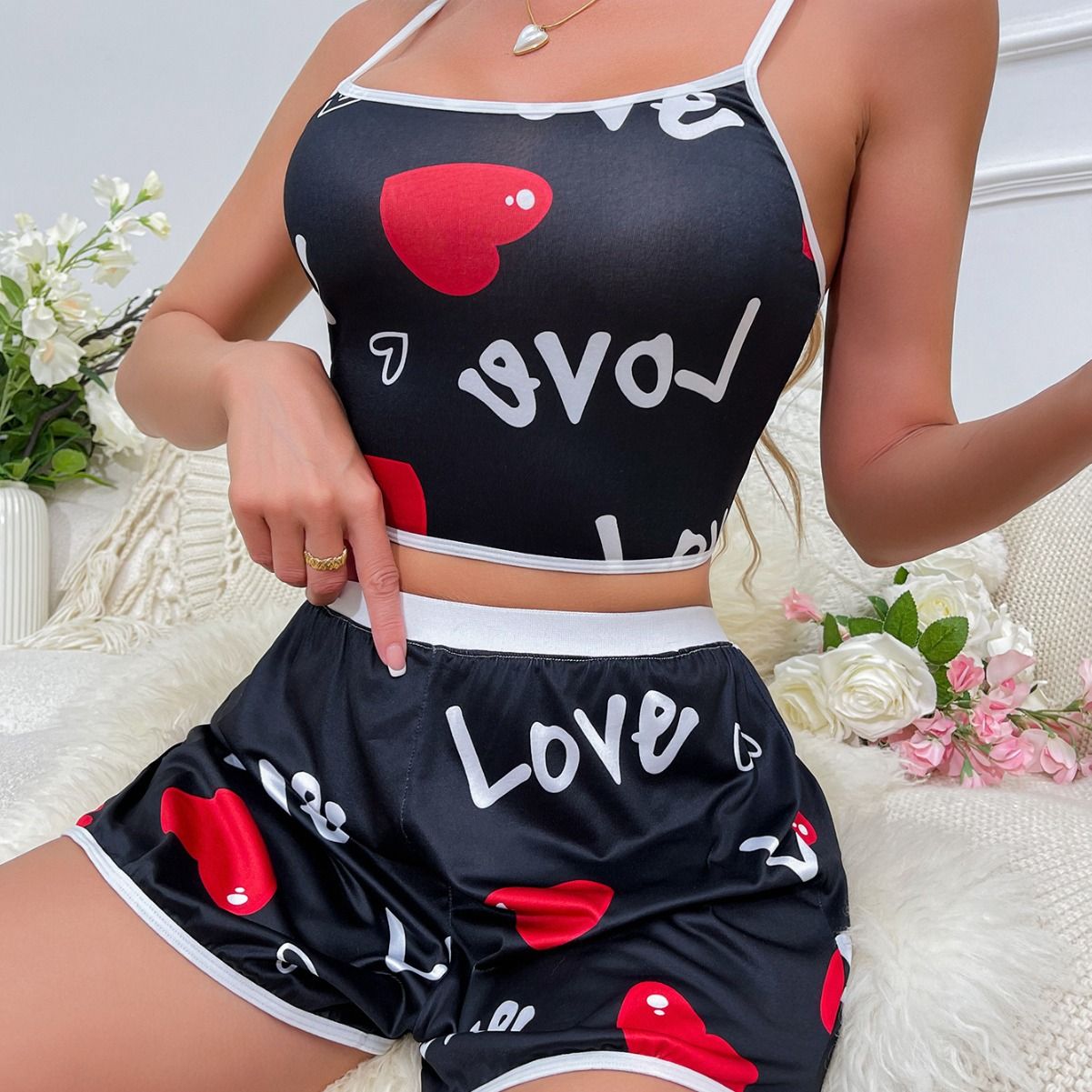 Women Lace Trim Sleeveless Strappy Pajamas Shorts Sleepwear Nightwear Sleeveless Strapless Pijamas 2-piece Set