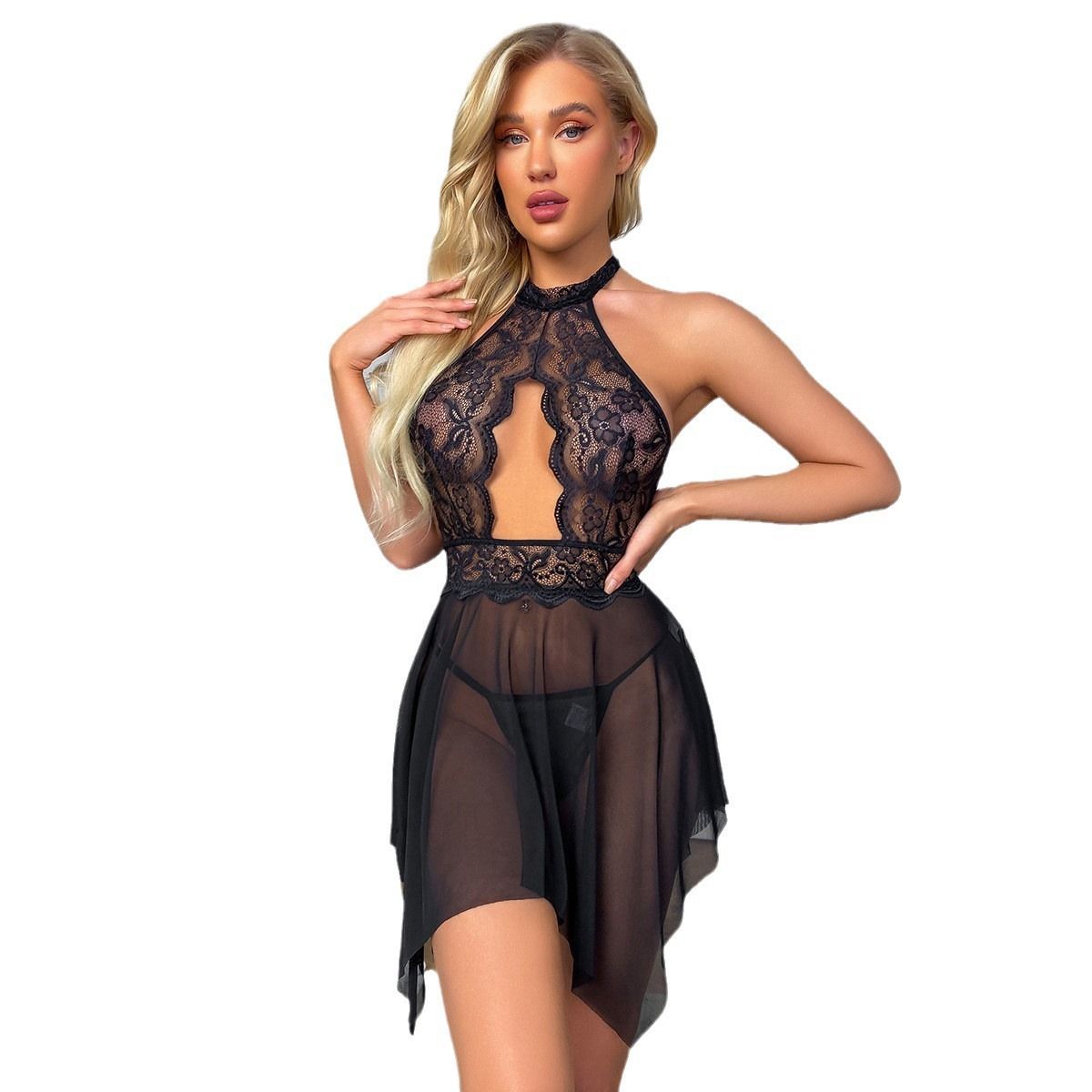 Women's Lace Halter Neck Mesh Splicing Sexy Lingerie Sexy Nightdress