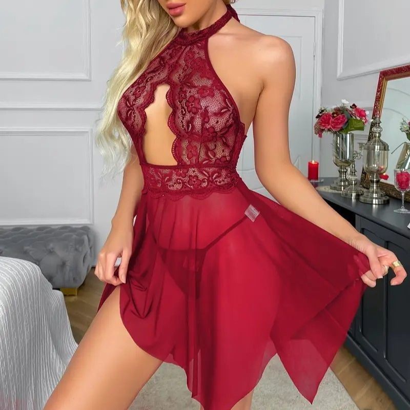 Women's Lace Halter Neck Mesh Splicing Sexy Lingerie Sexy Nightdress