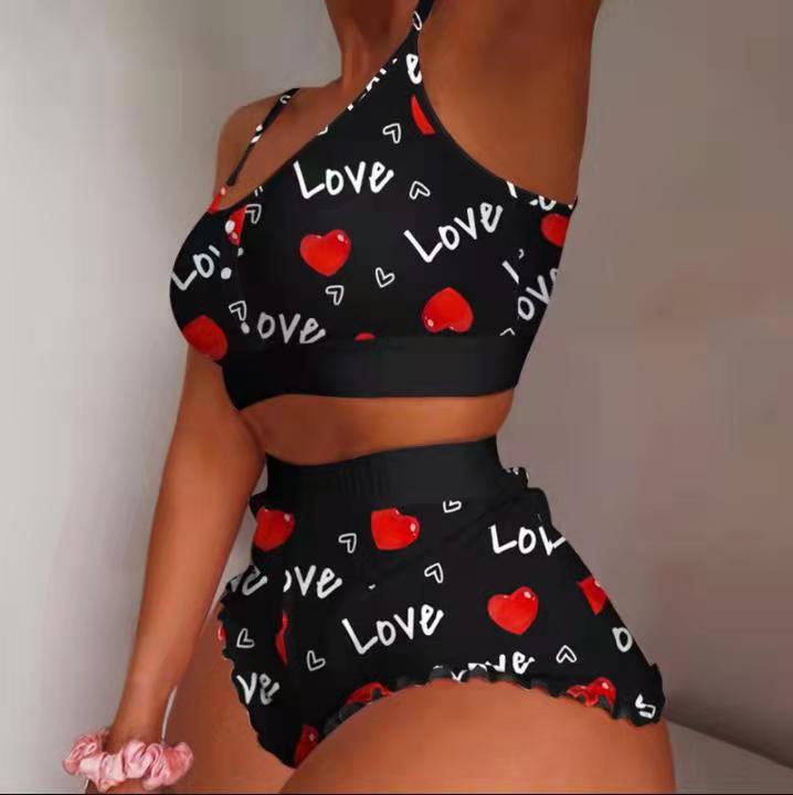 Women's Large Size Printed Suspender Pajamas Thin Tight Sweet Pajamas Two-piece Set