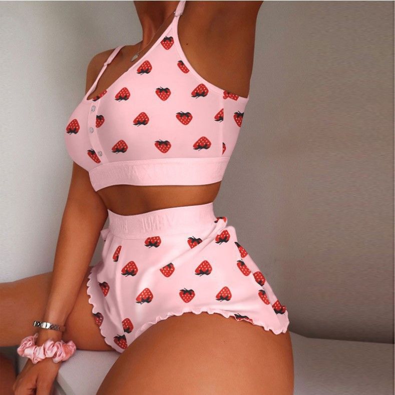 Women's Large Size Printed Suspender Pajamas Thin Tight Sweet Pajamas Two-piece Set