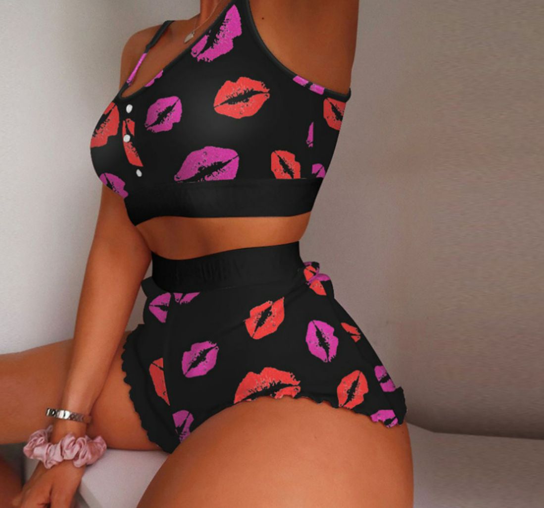 Women's Large Size Printed Suspender Pajamas Thin Tight Sweet Pajamas Two-piece Set