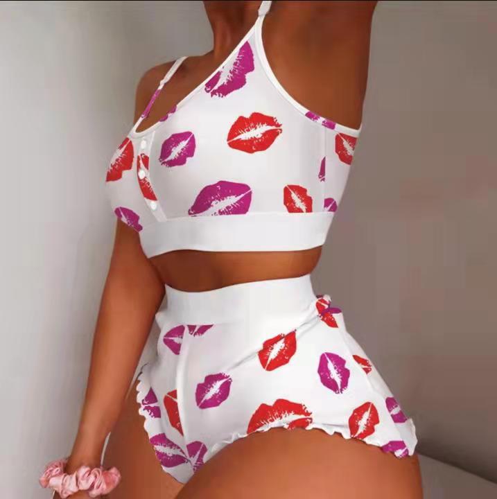 Women's Large Size Printed Suspender Pajamas Thin Tight Sweet Pajamas Two-piece Set