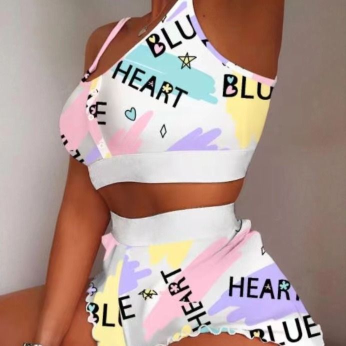Women's Large Size Printed Suspender Pajamas Thin Tight Sweet Pajamas Two-piece Set