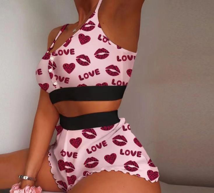 Women's Large Size Printed Suspender Pajamas Thin Tight Sweet Pajamas Two-piece Set