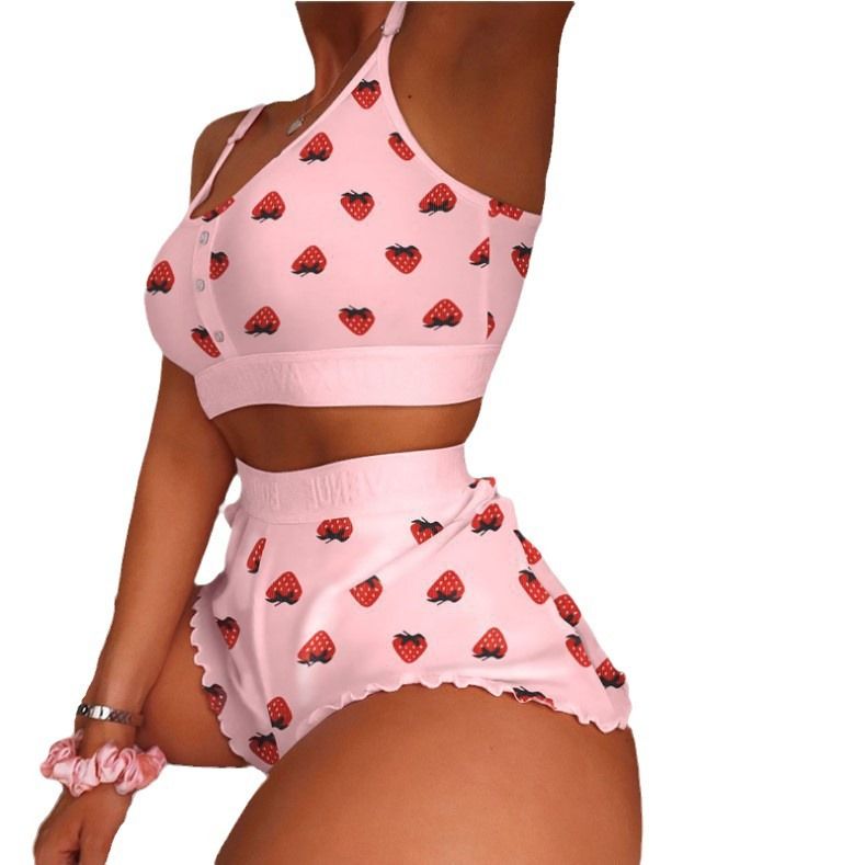 Women's Large Size Printed Suspender Pajamas Thin Tight Sweet Pajamas Two-piece Set
