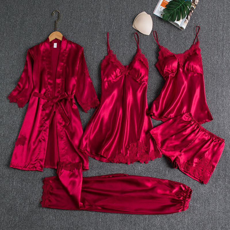 Women's Pajamas with Breast Pads Ice Silk Sexy Suspender Five-piece Pajamas Set