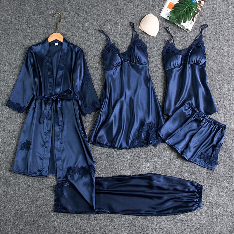 Women's Pajamas with Breast Pads Ice Silk Sexy Suspender Five-piece Pajamas Set
