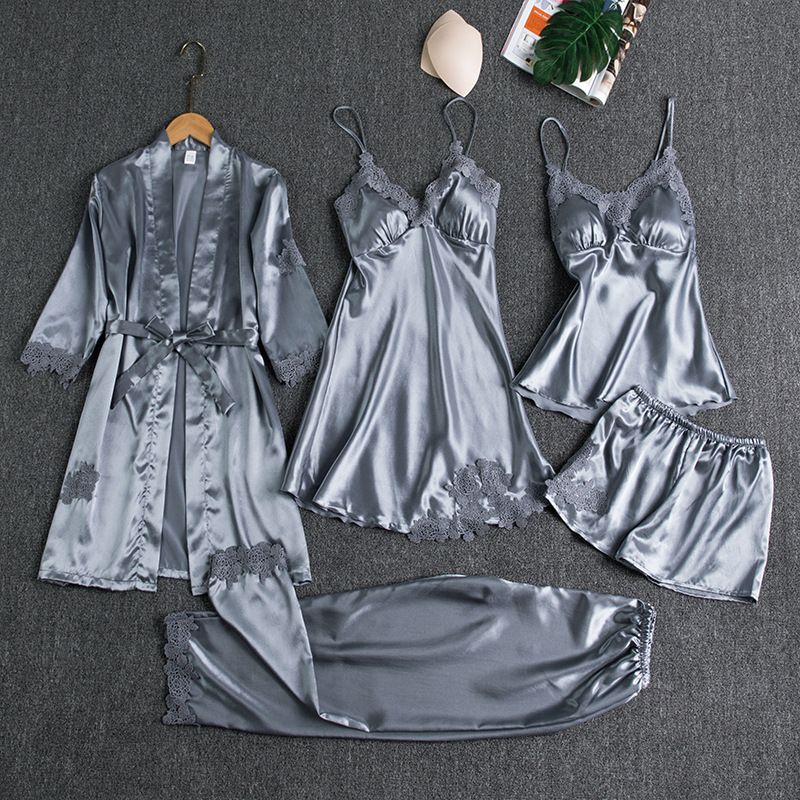 Women's Pajamas with Breast Pads Ice Silk Sexy Suspender Five-piece Pajamas Set