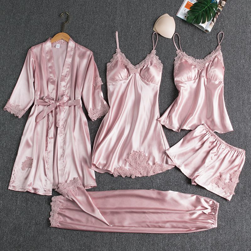 Women's Pajamas with Breast Pads Ice Silk Sexy Suspender Five-piece Pajamas Set