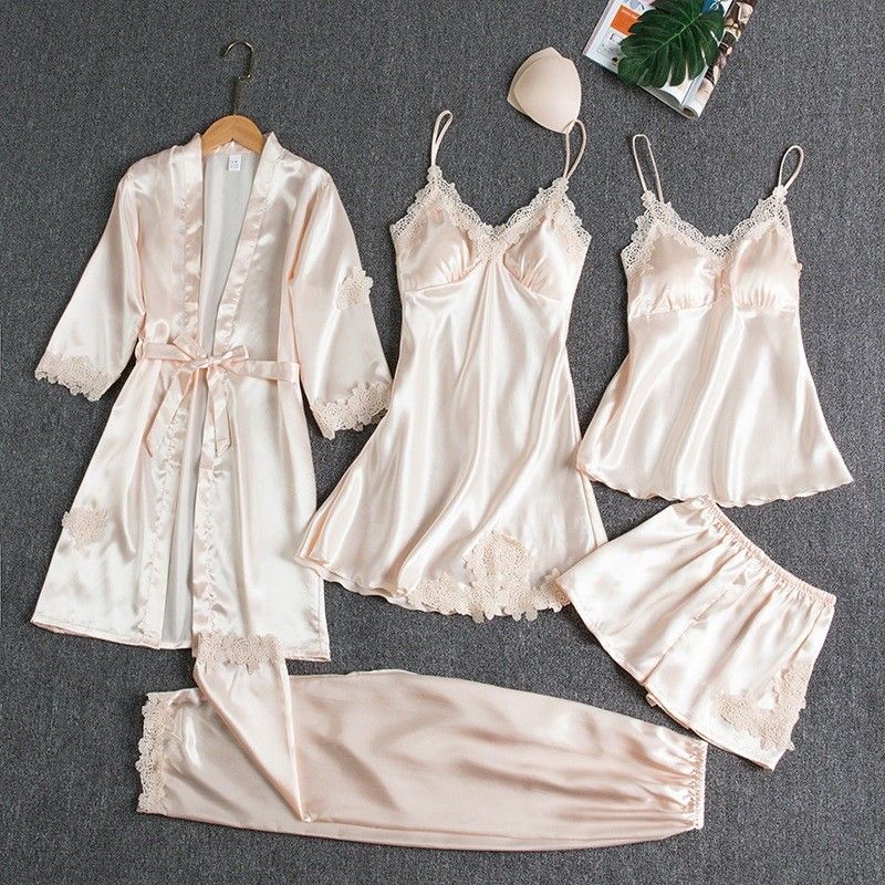 Women's Pajamas with Breast Pads Ice Silk Sexy Suspender Five-piece Pajamas Set