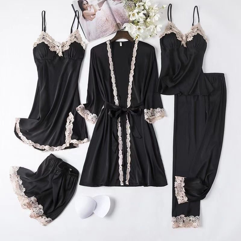 Women's Pajamas with Breast Pads Ice Silk Sexy Suspender Five-piece Pajamas Set