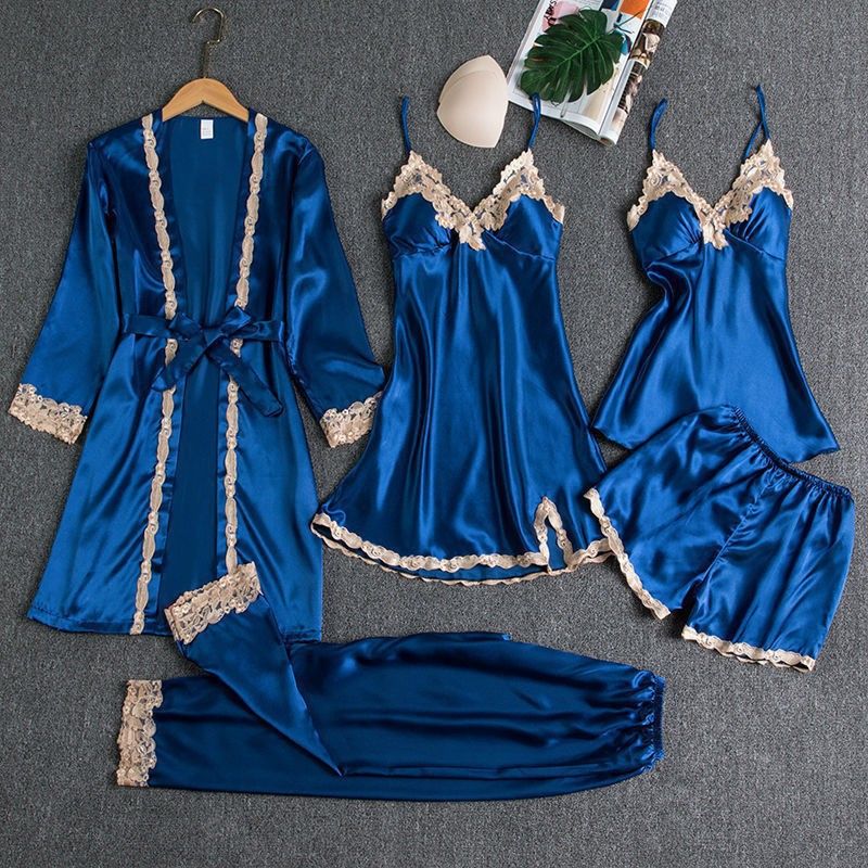 Women's Pajamas with Breast Pads Ice Silk Sexy Suspender Five-piece Pajamas Set