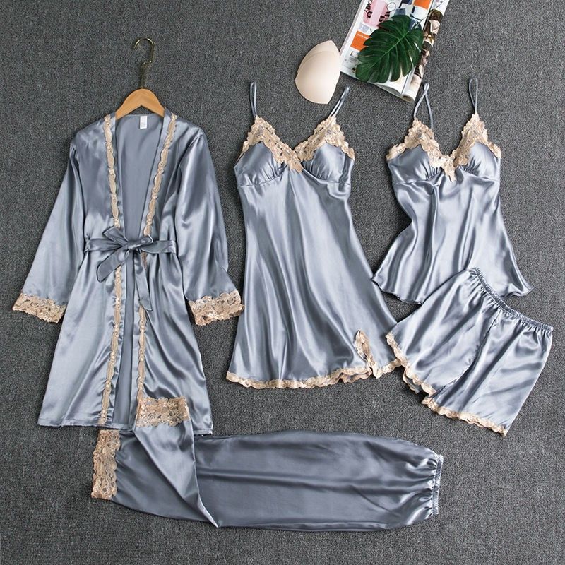 Women's Pajamas with Breast Pads Ice Silk Sexy Suspender Five-piece Pajamas Set
