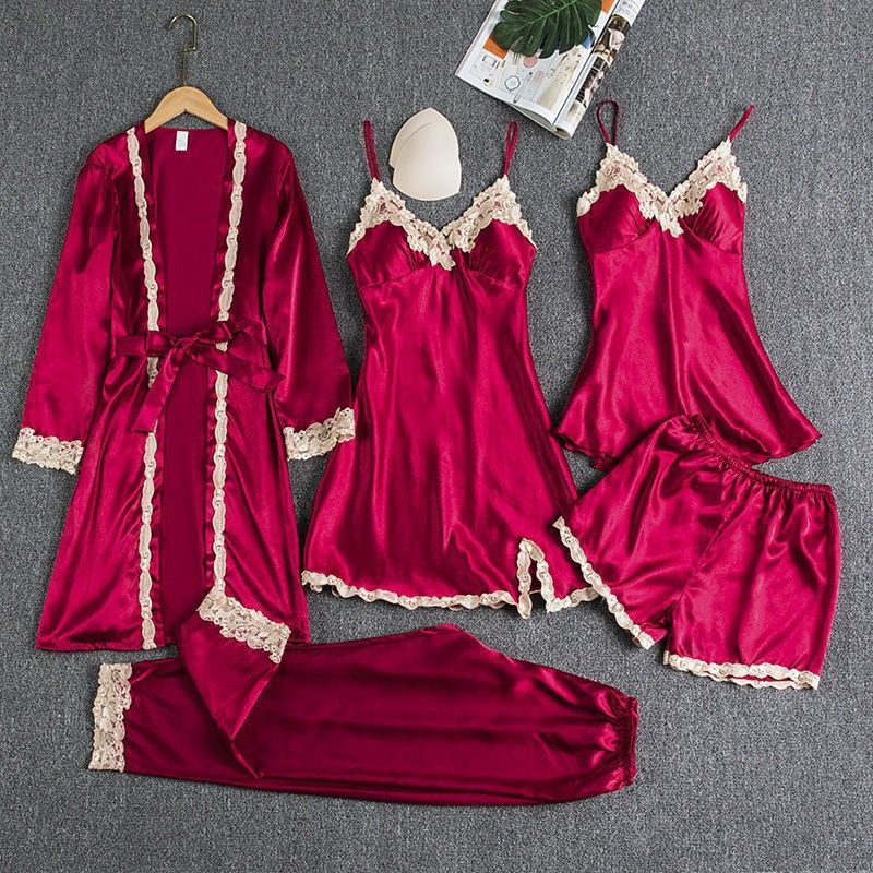 Women's Pajamas with Breast Pads Ice Silk Sexy Suspender Five-piece Pajamas Set
