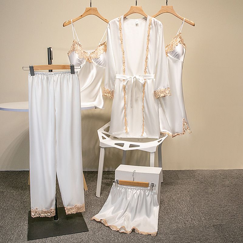 Women's Pajamas with Breast Pads Ice Silk Sexy Suspender Five-piece Pajamas Set
