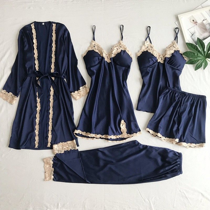 Women's Pajamas with Breast Pads Ice Silk Sexy Suspender Five-piece Pajamas Set