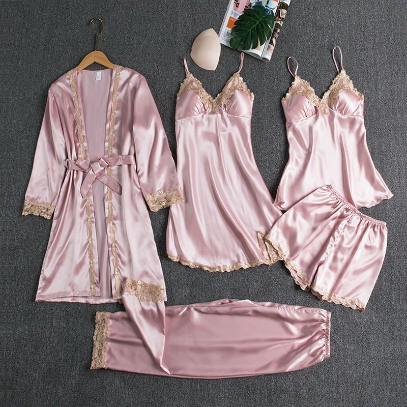Women's Pajamas with Breast Pads Ice Silk Sexy Suspender Five-piece Pajamas Set