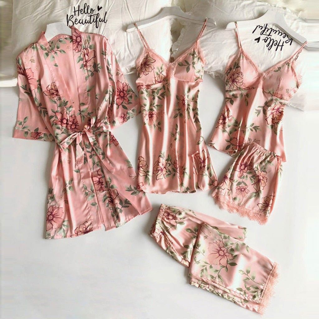 Women's Pajamas with Breast Pads Ice Silk Sexy Suspender Five-piece Pajamas Set