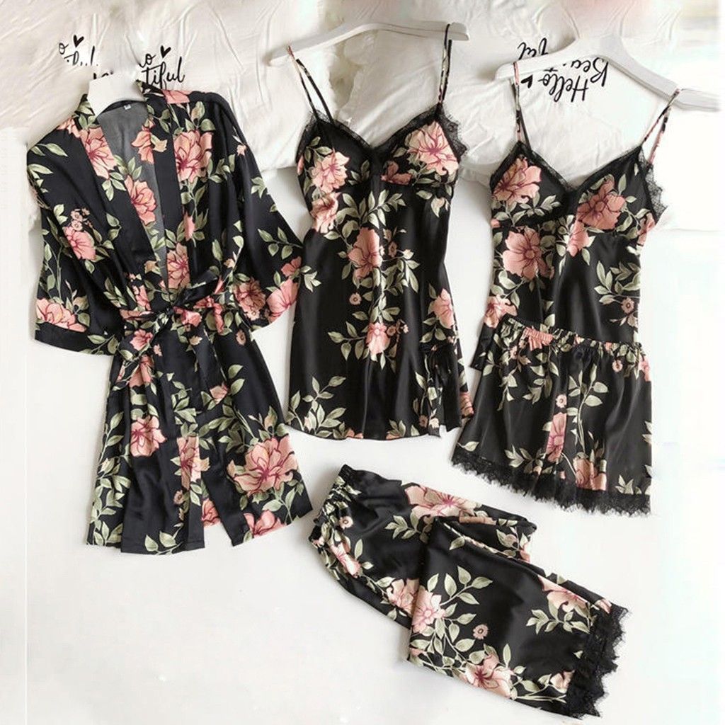 Women's Pajamas with Breast Pads Ice Silk Sexy Suspender Five-piece Pajamas Set