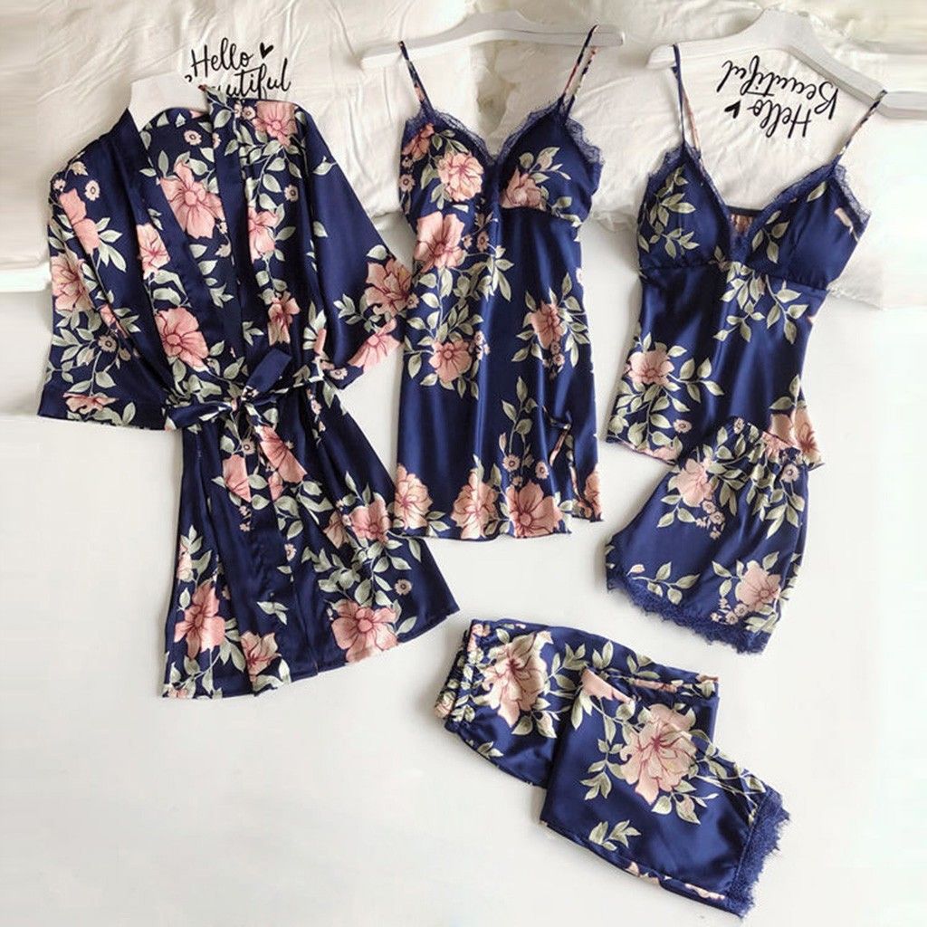 Women's Pajamas with Breast Pads Ice Silk Sexy Suspender Five-piece Pajamas Set