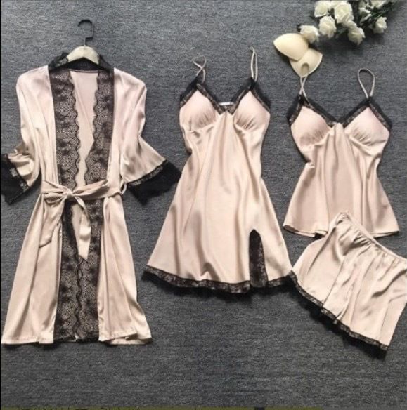 Women's Pajamas with Breast Pads Ice Silk Sexy Suspender Four-piece Pajamas Set