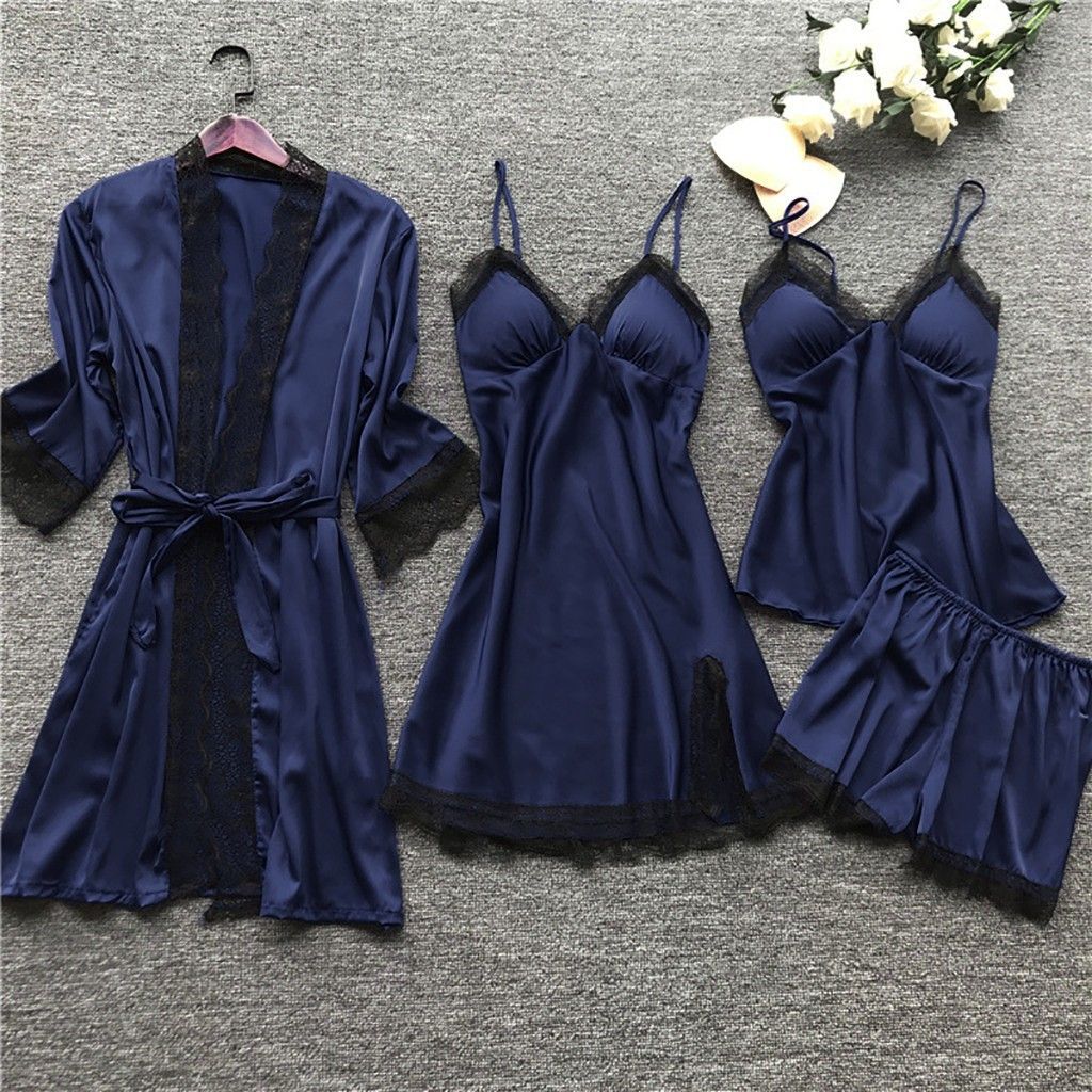 Women's Pajamas with Breast Pads Ice Silk Sexy Suspender Four-piece Pajamas Set
