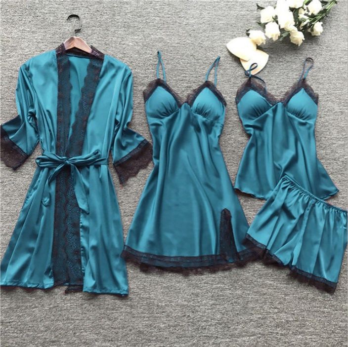 Women's Pajamas with Breast Pads Ice Silk Sexy Suspender Four-piece Pajamas Set