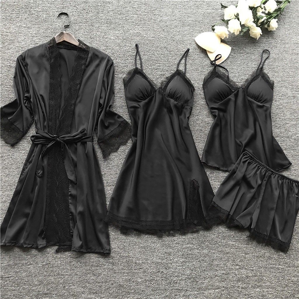 Women's Pajamas with Breast Pads Ice Silk Sexy Suspender Four-piece Pajamas Set