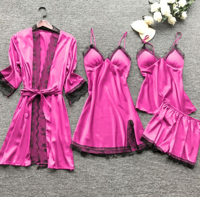 Women's Pajamas with Breast Pads Ice Silk Sexy Suspender Four-piece Pajamas Set