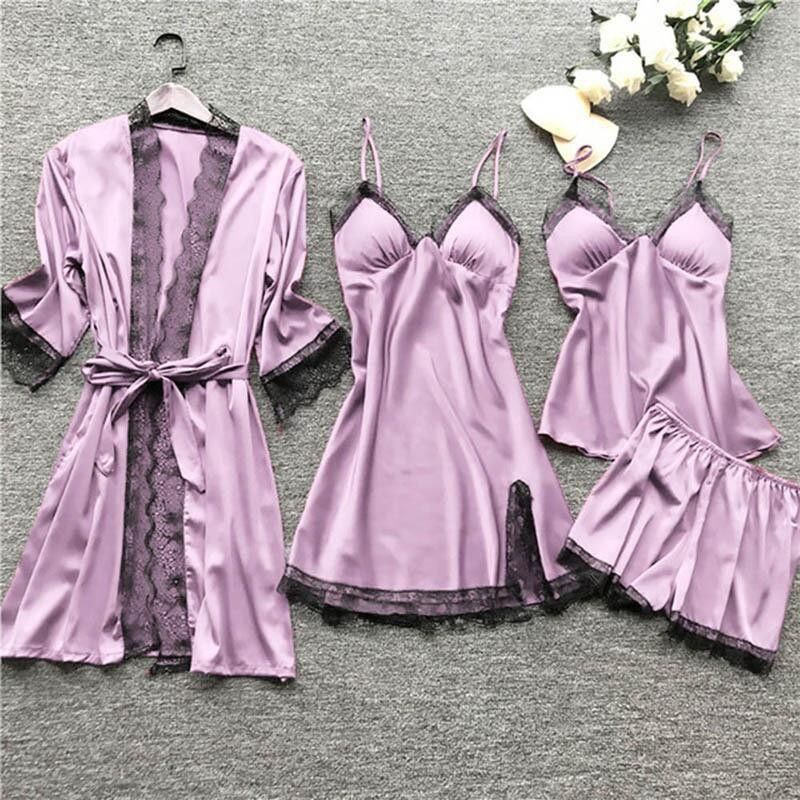 Women's Pajamas with Breast Pads Ice Silk Sexy Suspender Four-piece Pajamas Set