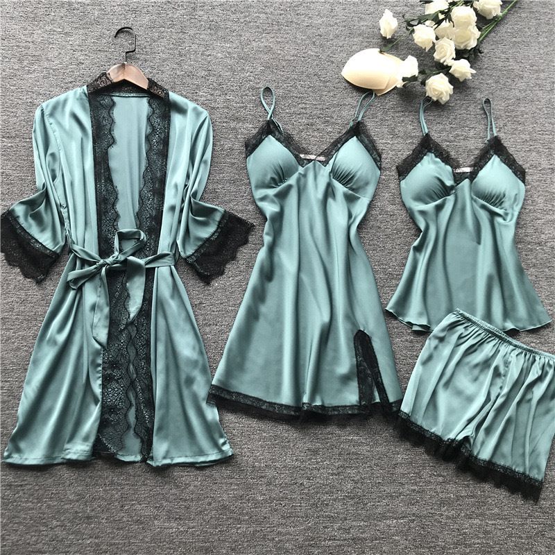 Women's Pajamas with Breast Pads Ice Silk Sexy Suspender Four-piece Pajamas Set