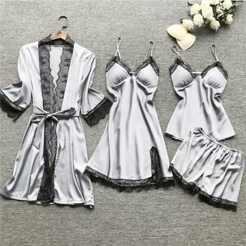 Women's Pajamas with Breast Pads Ice Silk Sexy Suspender Four-piece Pajamas Set