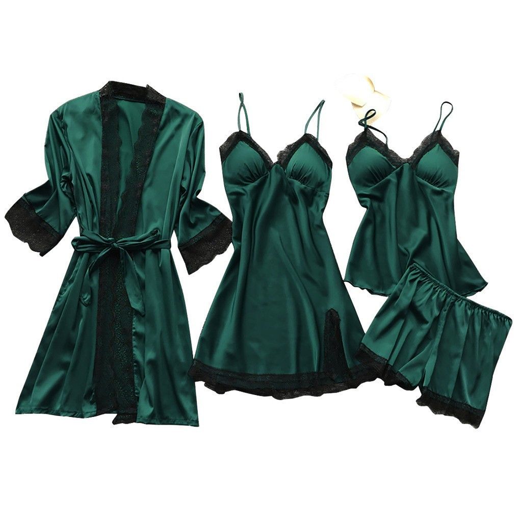 Women's Pajamas with Breast Pads Ice Silk Sexy Suspender Four-piece Pajamas Set