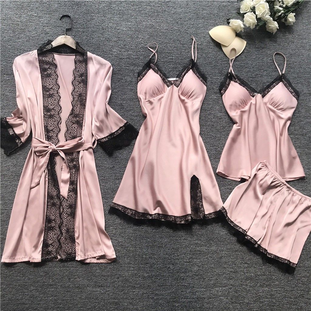 Women's Pajamas with Breast Pads Ice Silk Sexy Suspender Four-piece Pajamas Set
