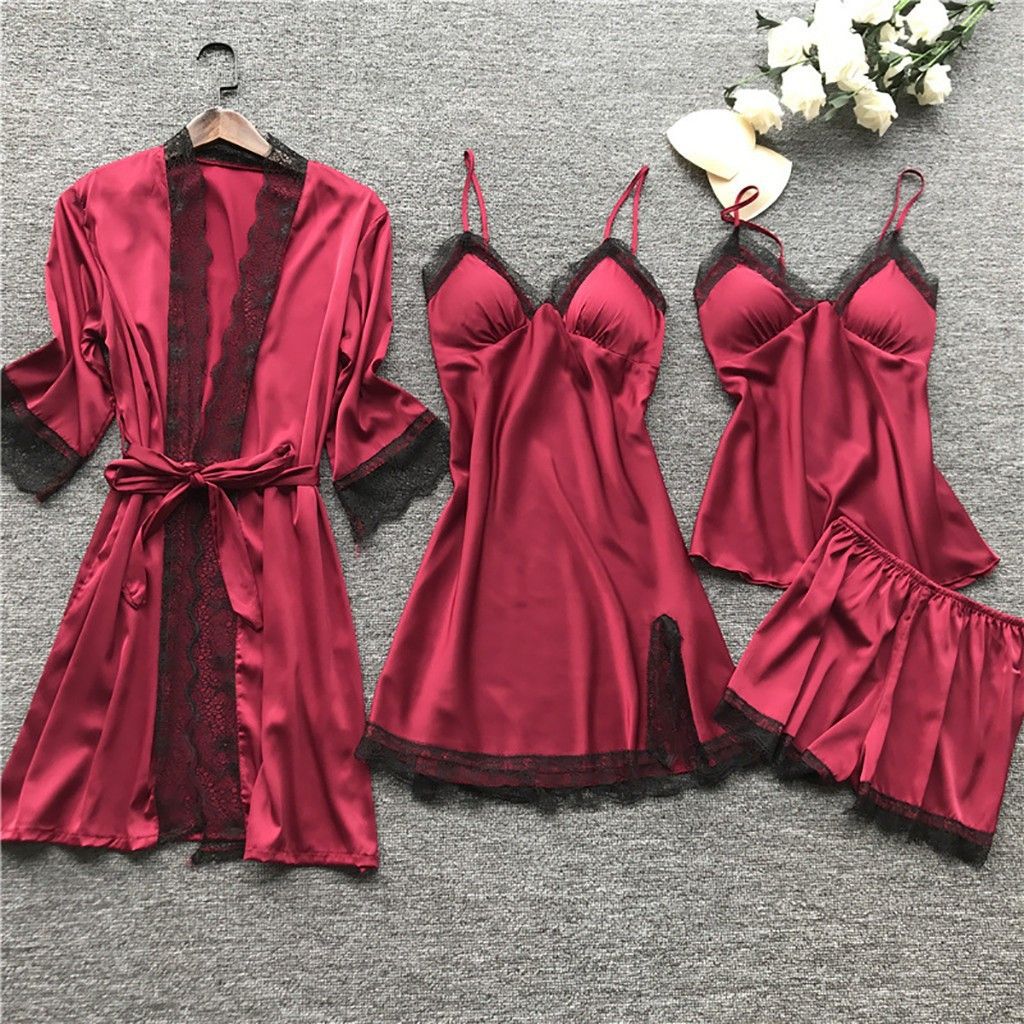 Women's Pajamas with Breast Pads Ice Silk Sexy Suspender Four-piece Pajamas Set