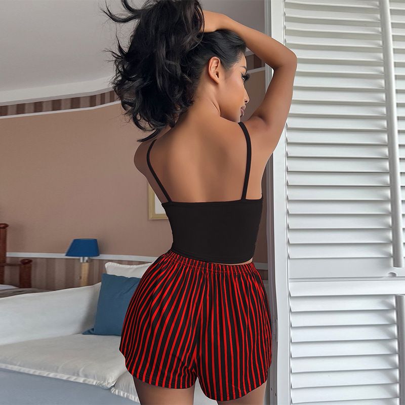 Women's Suspender Pajamas Letter Stripe Print Drawstring Shorts Set
