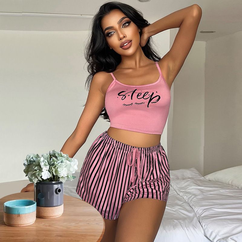 Women's Suspender Pajamas Letter Stripe Print Drawstring Shorts Set