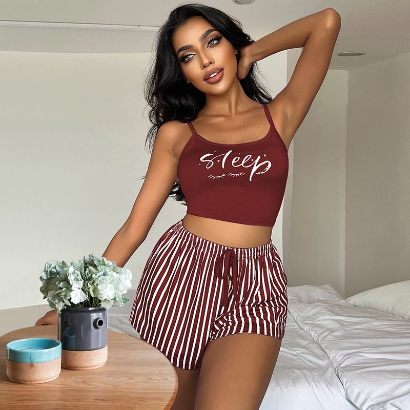 Women's Suspender Pajamas Letter Stripe Print Drawstring Shorts Set