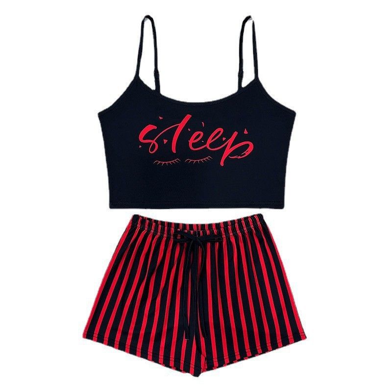 Women's Suspender Pajamas Letter Stripe Print Drawstring Shorts Set
