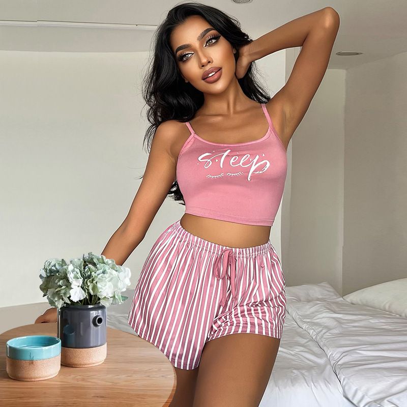 Women's Suspender Pajamas Letter Stripe Print Drawstring Shorts Set